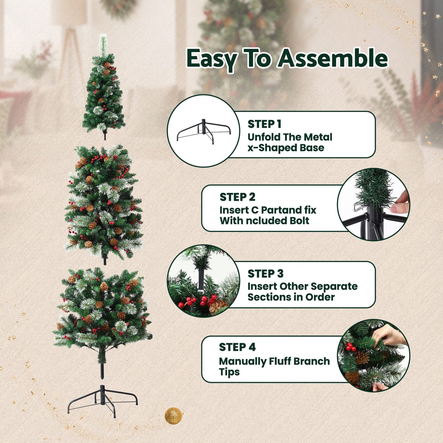 Jingle Jollys 2.1m Artificial Slim Christmas Tree Pine Cone Berry Decor Corner