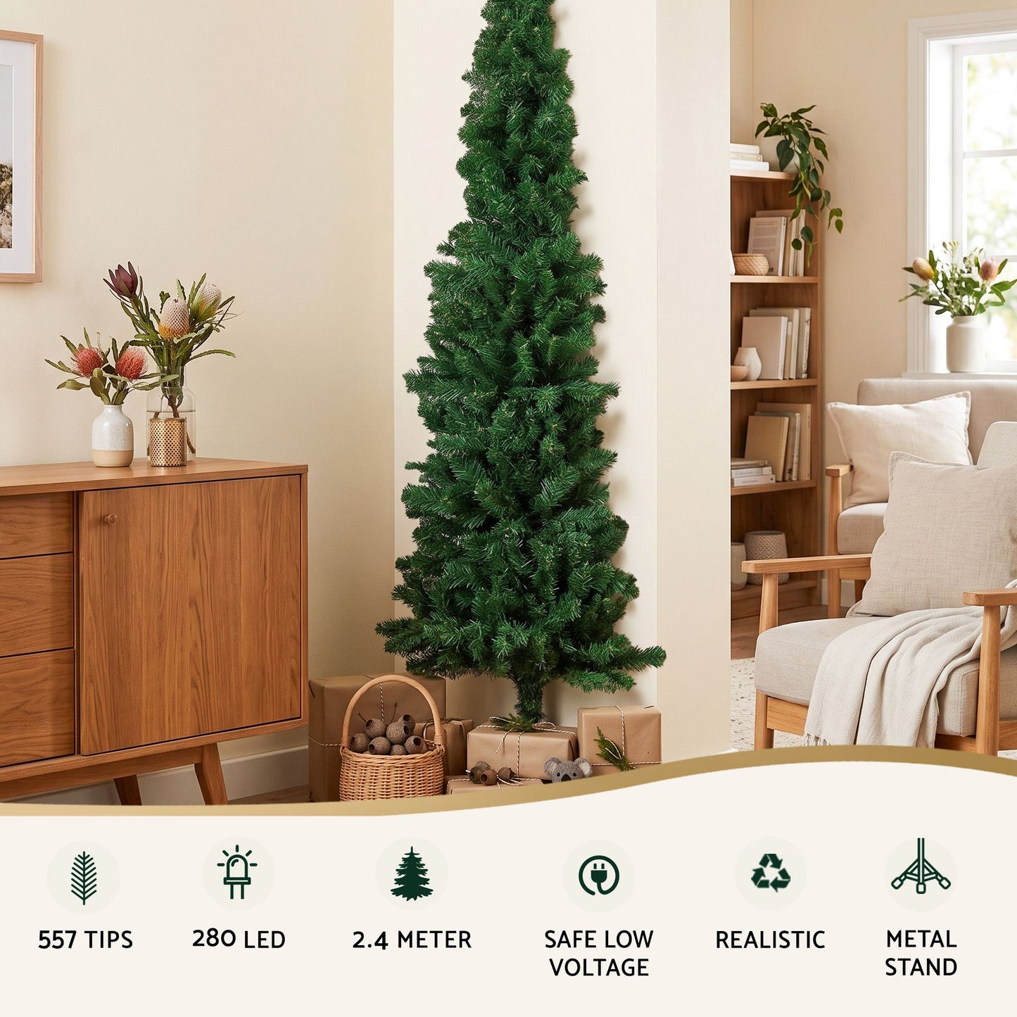 Jingle Jollys 2.4m Pre-Lit Christmas Tree Slim Pencil Xmas Tree Corner Tree
