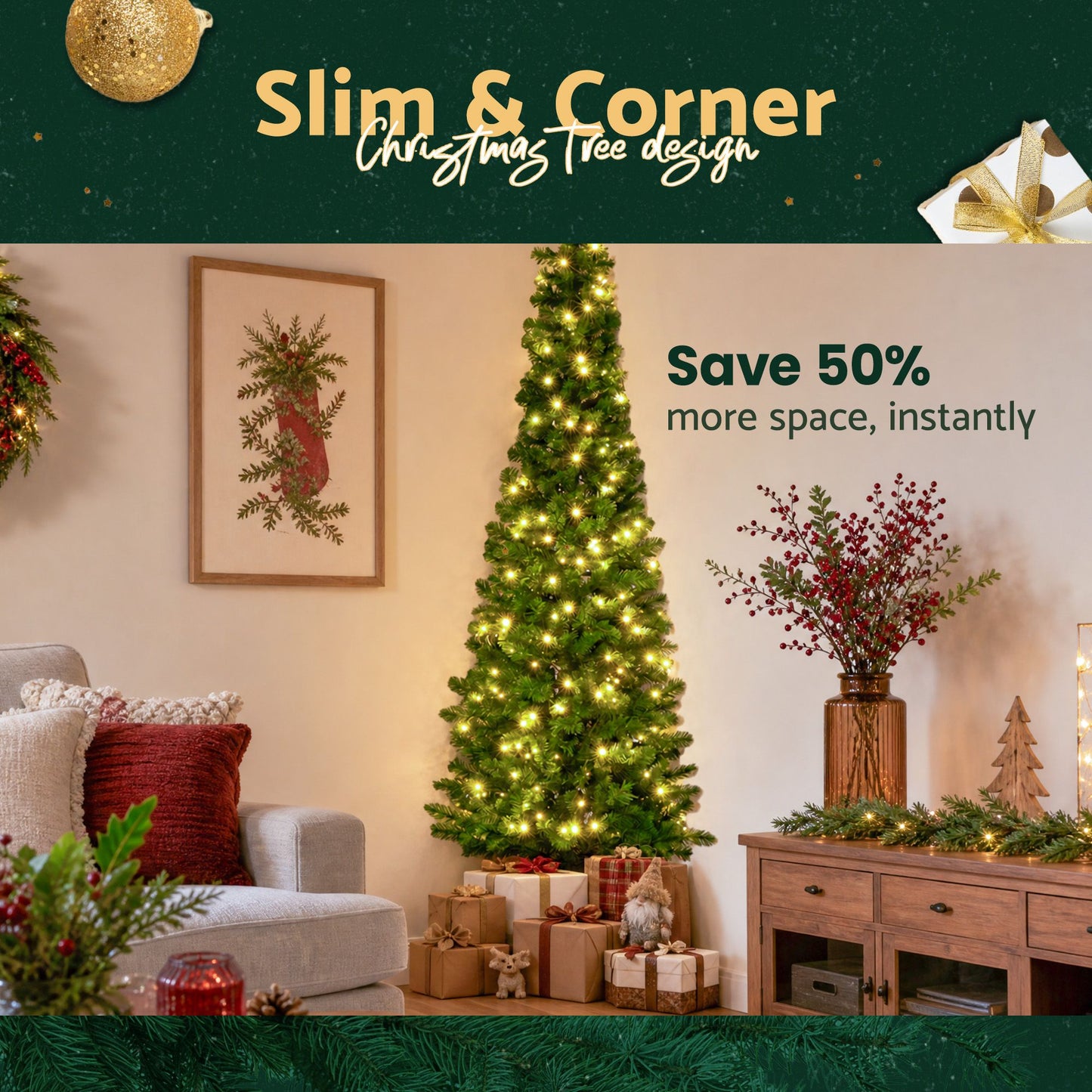 Jingle Jollys 2.4m Pre-Lit Christmas Tree Slim Pencil Xmas Tree Corner Tree