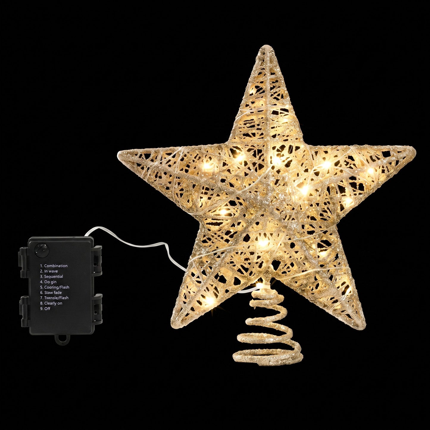 Jingle Jollys 3D Christmas Tree Topper Star 20 Warm LED Lights Gold Glitter