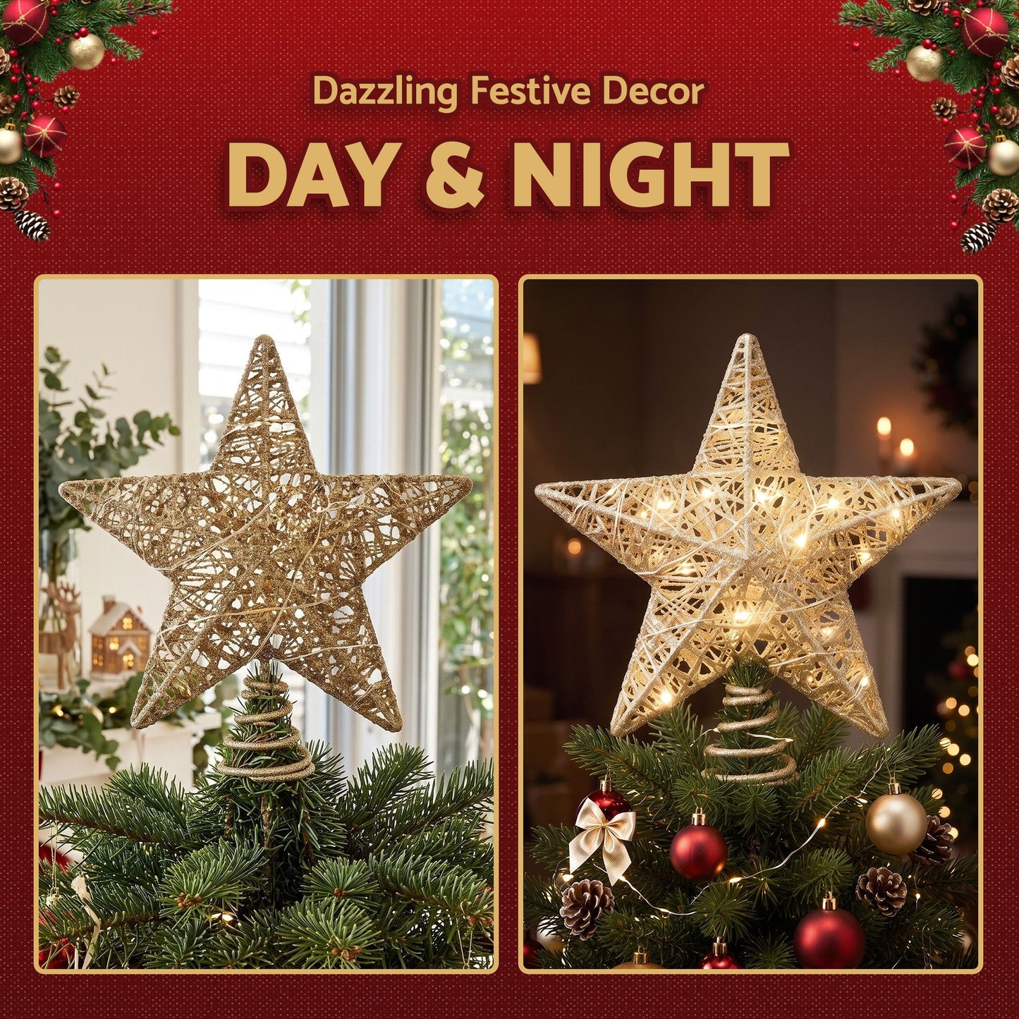 Jingle Jollys 3D Christmas Tree Topper Star 20 Warm LED Lights Gold Glitter