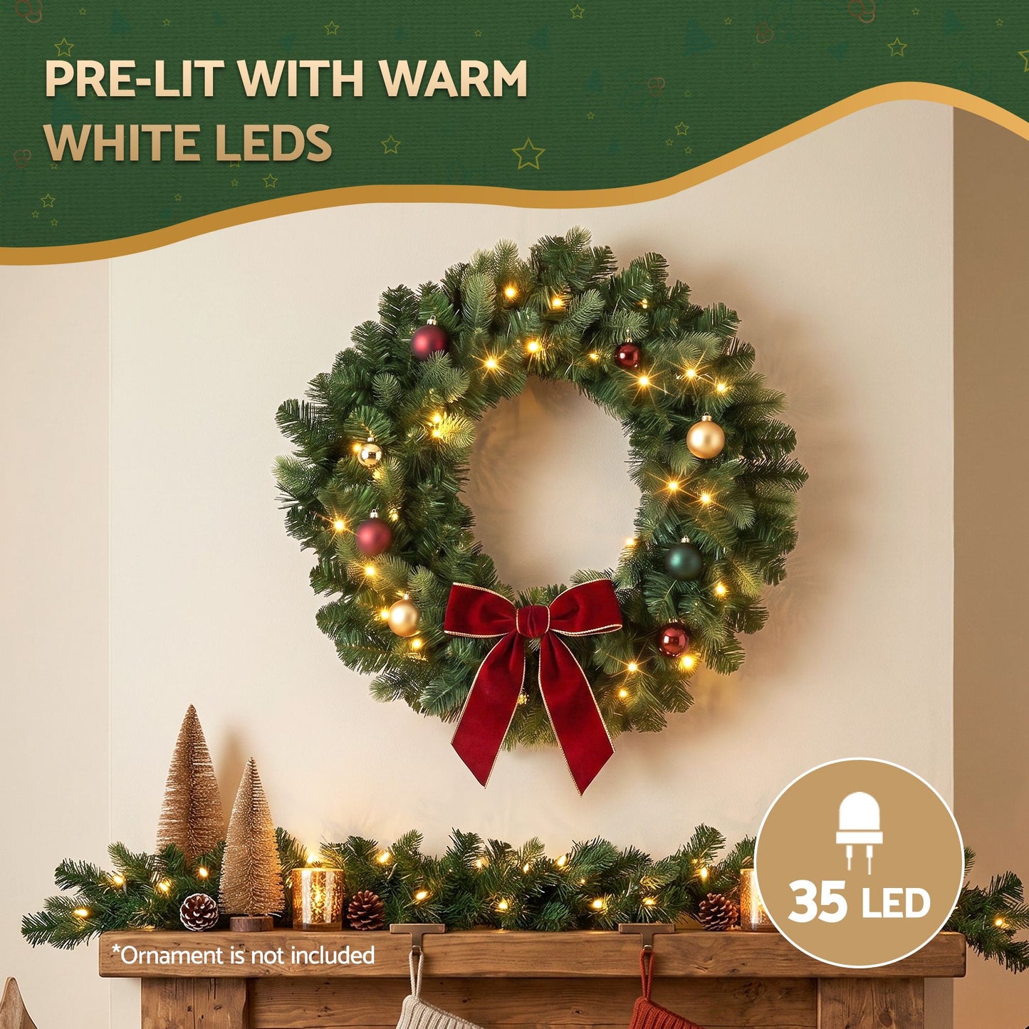 Jingle Jollys 60 cm vorbeleuchtete Weihnachtskranz-Girlanden Warmweiße LED-Lichter Türkranz Batterie-Timer