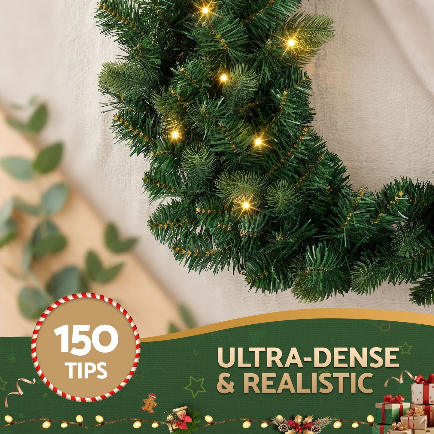 Jingle Jollys 60 cm vorbeleuchtete Weihnachtskranz-Girlanden Warmweiße LED-Lichter Türkranz Batterie-Timer