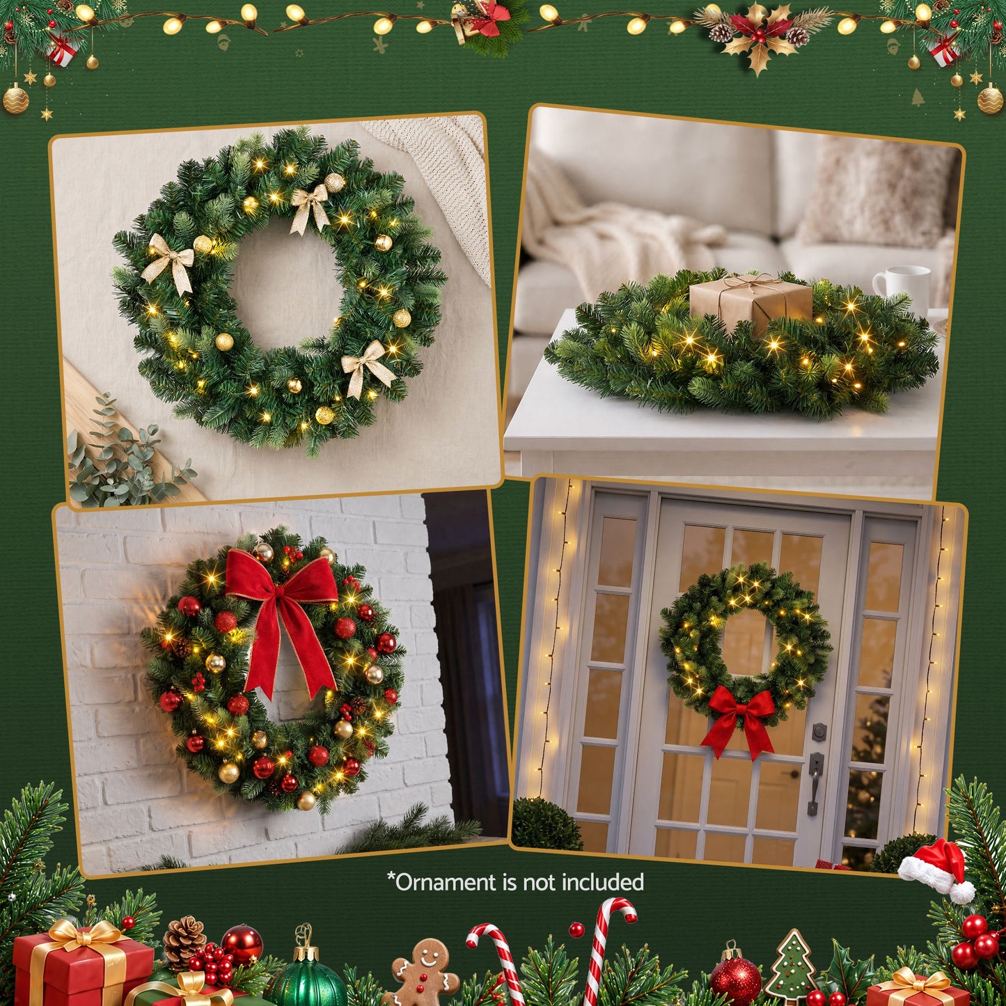 Jingle Jollys 60 cm vorbeleuchtete Weihnachtskranz-Girlanden Warmweiße LED-Lichter Türkranz Batterie-Timer