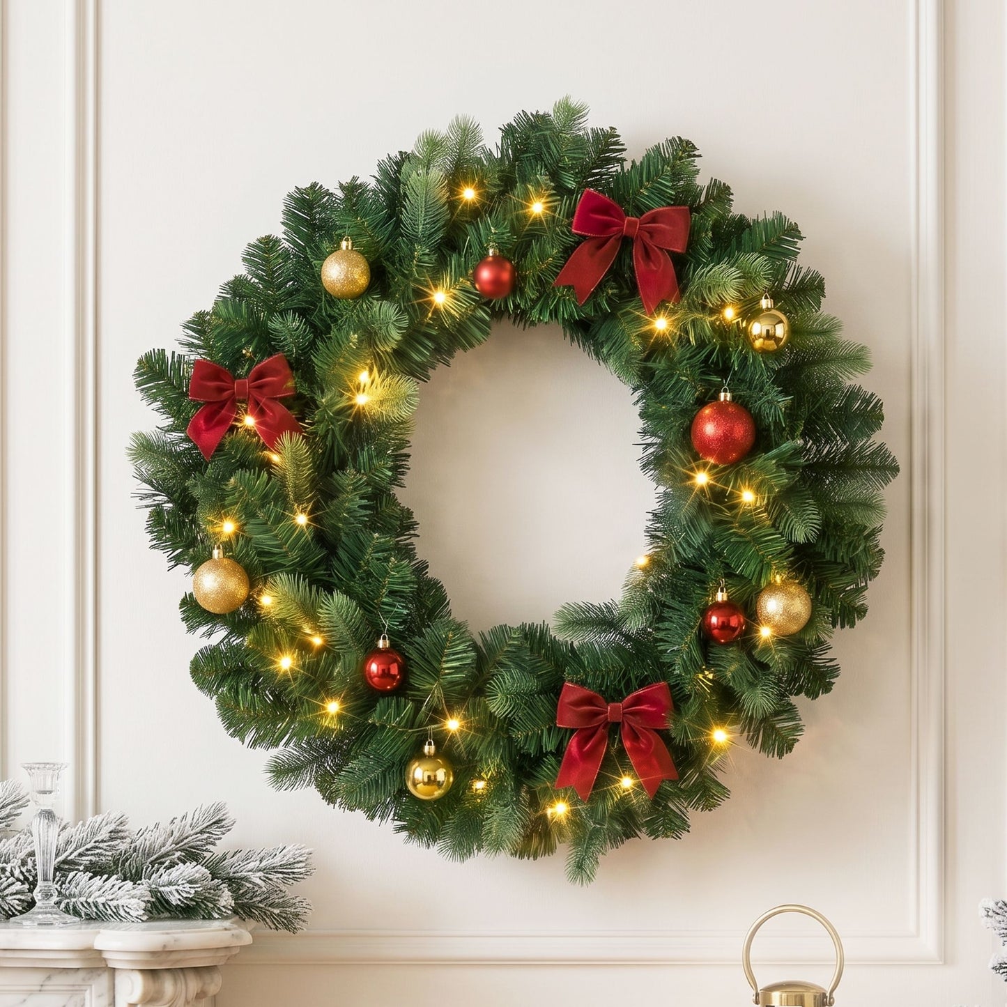 Jingle Jollys 60 cm vorbeleuchtete Weihnachtskranz-Girlanden Warmweiße LED-Lichter Türkranz Batterie-Timer