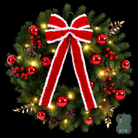 Jingle Jollys 60 cm Vorbeleuchteter Weihnachtskranz Girlanden LED-Licht Haustür Deko Schleife