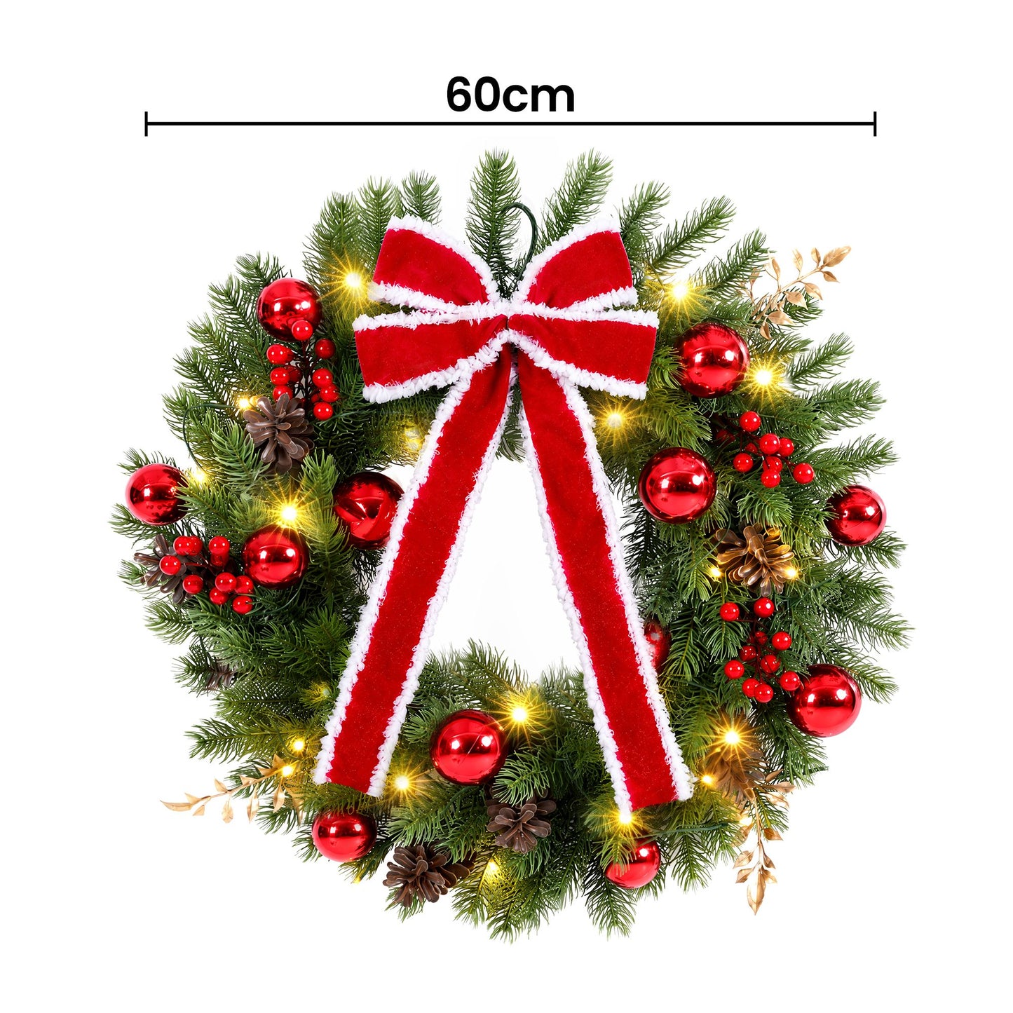 Jingle Jollys 60 cm Vorbeleuchteter Weihnachtskranz Girlanden LED-Licht Haustür Deko Schleife
