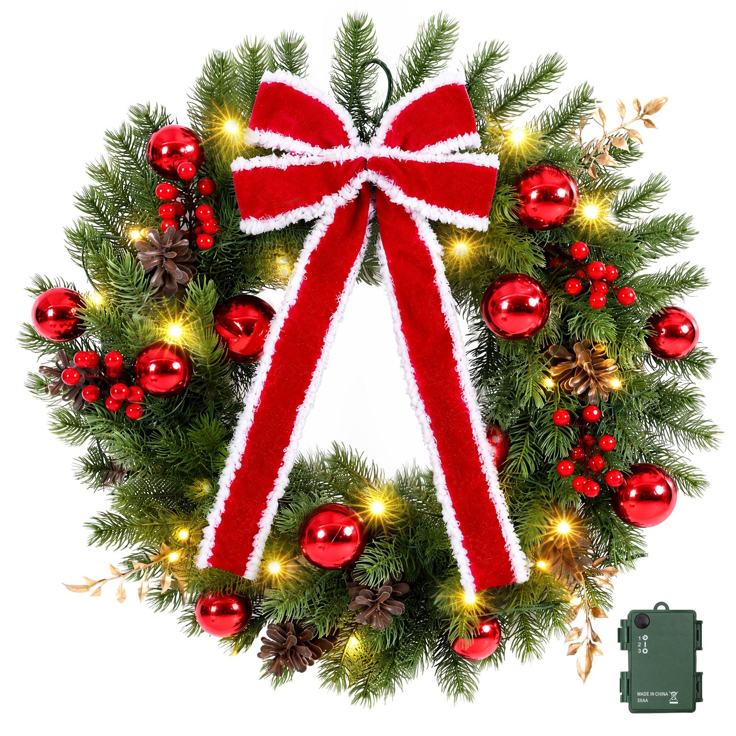 Jingle Jollys 60 cm Vorbeleuchteter Weihnachtskranz Girlanden LED-Licht Haustür Deko Schleife