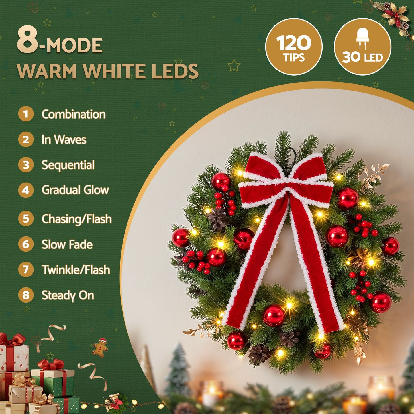 Jingle Jollys 60 cm Vorbeleuchteter Weihnachtskranz Girlanden LED-Licht Haustür Deko Schleife