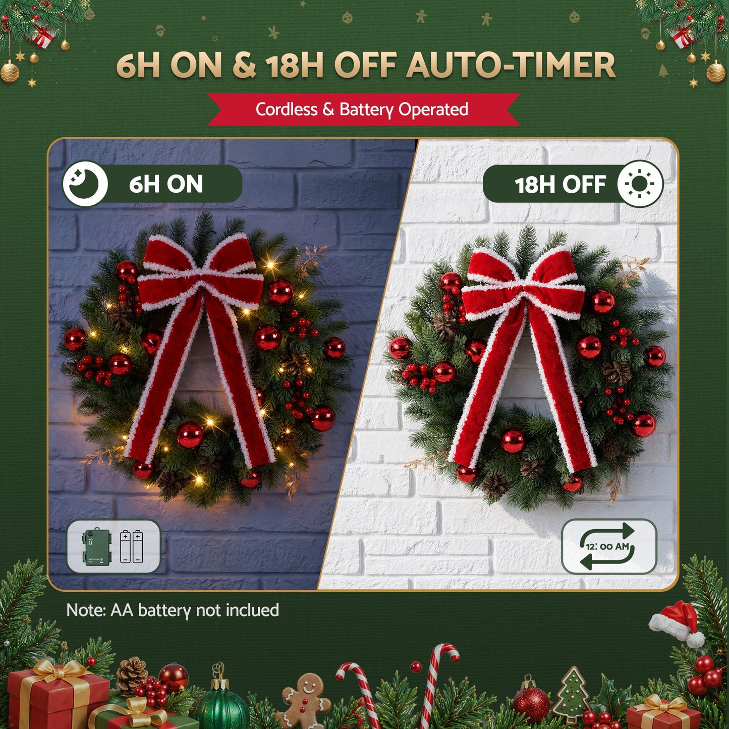 Jingle Jollys 60 cm Vorbeleuchteter Weihnachtskranz Girlanden LED-Licht Haustür Deko Schleife
