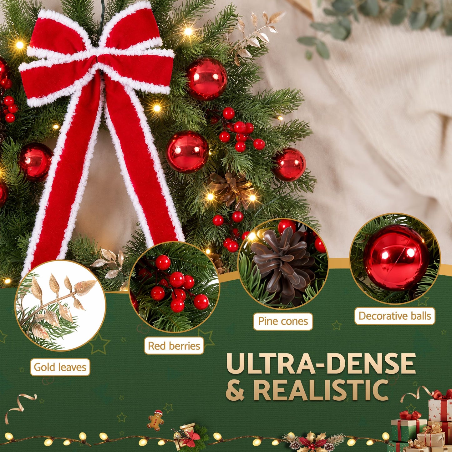 Jingle Jollys 60 cm Vorbeleuchteter Weihnachtskranz Girlanden LED-Licht Haustür Deko Schleife