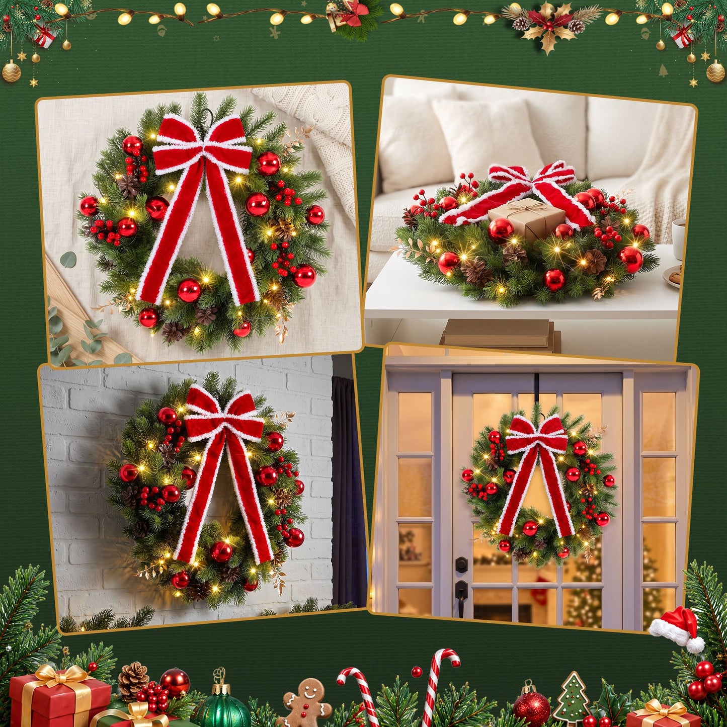 Jingle Jollys 60 cm Vorbeleuchteter Weihnachtskranz Girlanden LED-Licht Haustür Deko Schleife