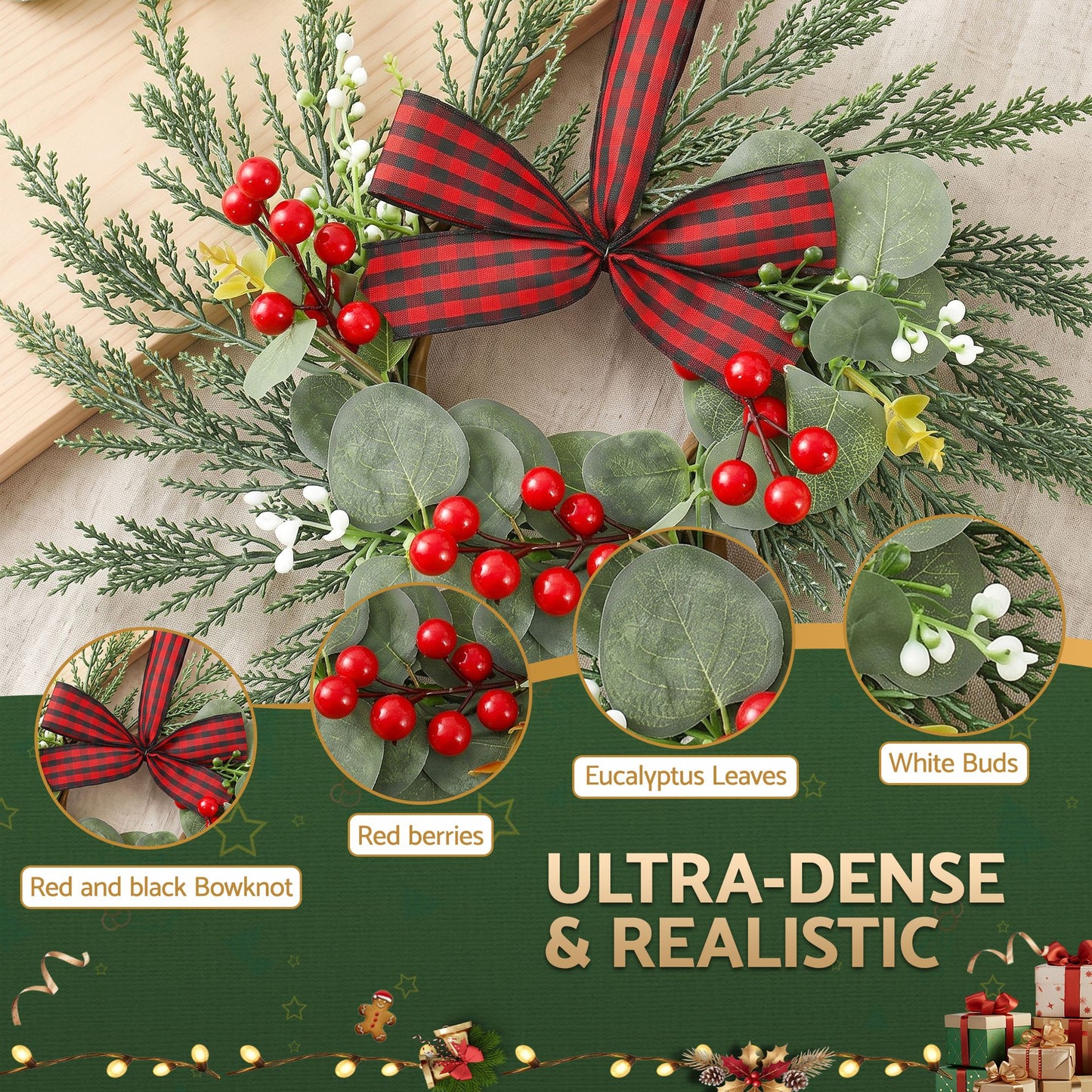 Jingle Jollys 6er Weihnachtskranz Girlande 26cm Beleuchtete Kränze Rote Beeren Schleife