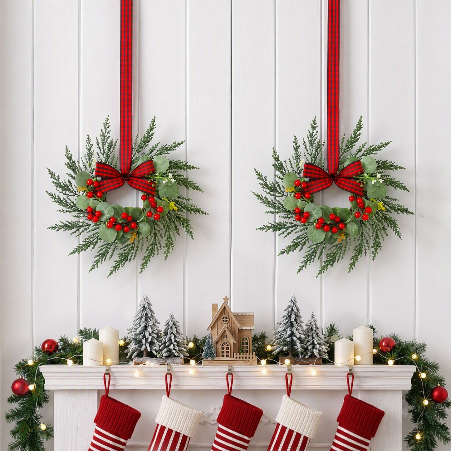 Jingle Jollys 6er Weihnachtskranz Girlande 26cm Beleuchtete Kränze Rote Beeren Schleife