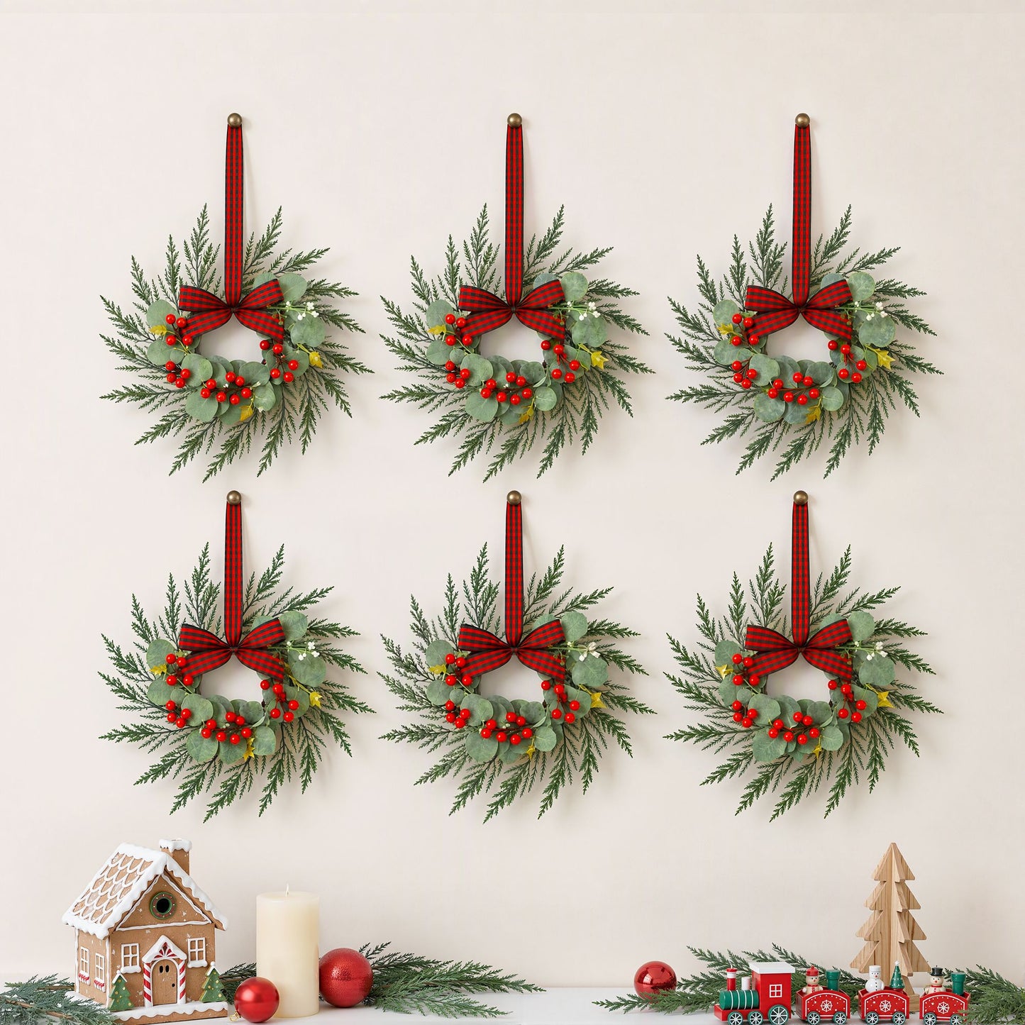 Jingle Jollys 6er Weihnachtskranz Girlande 26cm Beleuchtete Kränze Rote Beeren Schleife