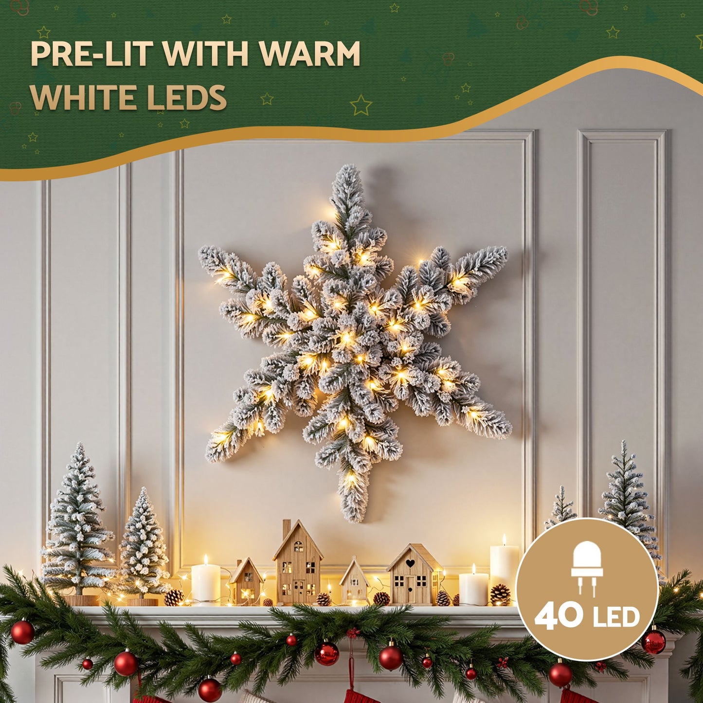 Jingle Jollys 60 cm beflockter Schneeflocken-Weihnachtskranz, vorbeleuchtet mit 40 LED-Lichtern