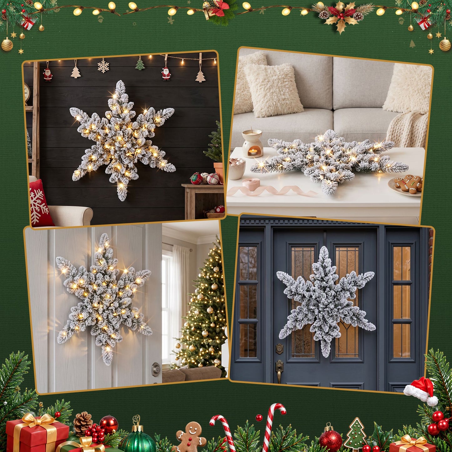 Jingle Jollys 60 cm beflockter Schneeflocken-Weihnachtskranz, vorbeleuchtet mit 40 LED-Lichtern