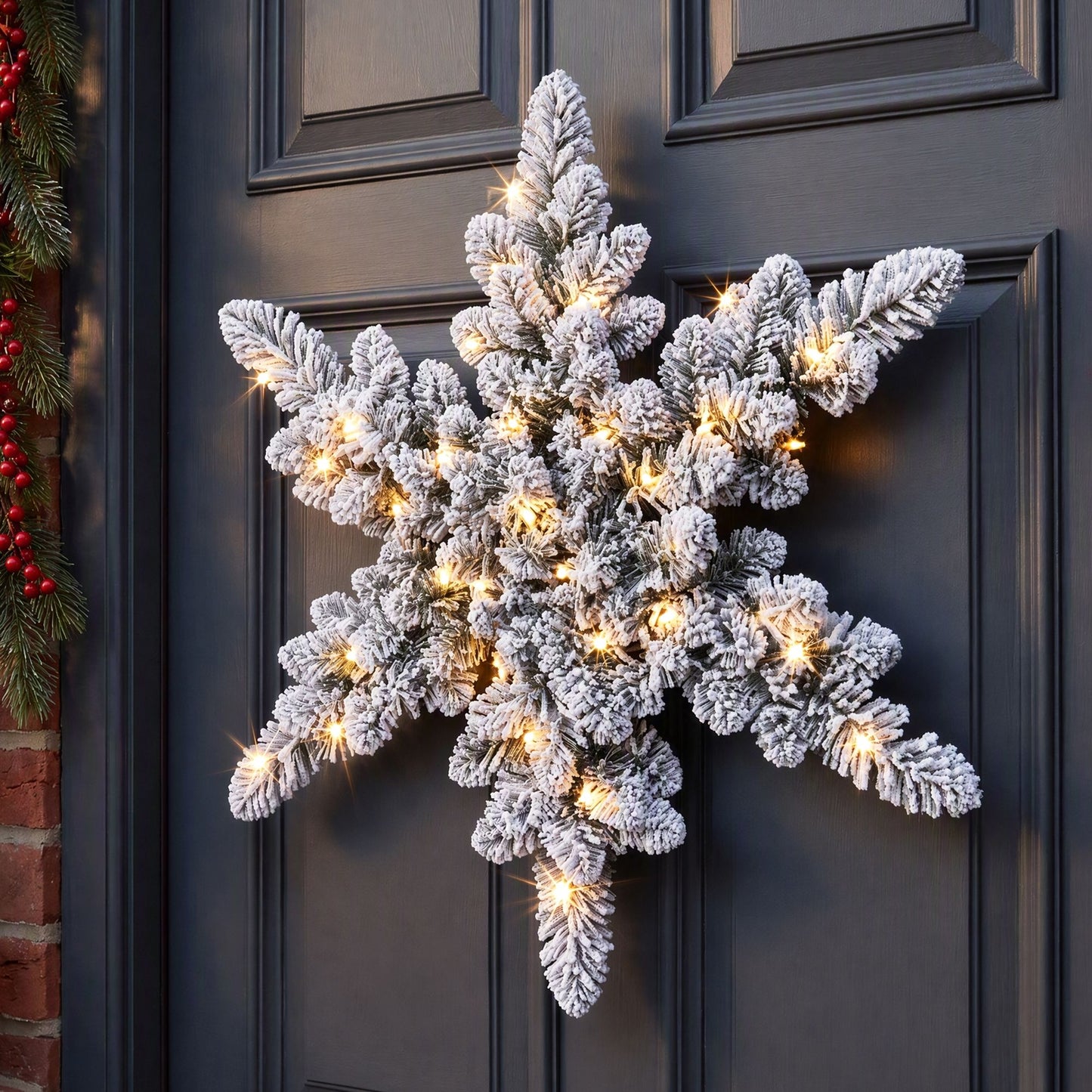 Jingle Jollys 60 cm beflockter Schneeflocken-Weihnachtskranz, vorbeleuchtet mit 40 LED-Lichtern