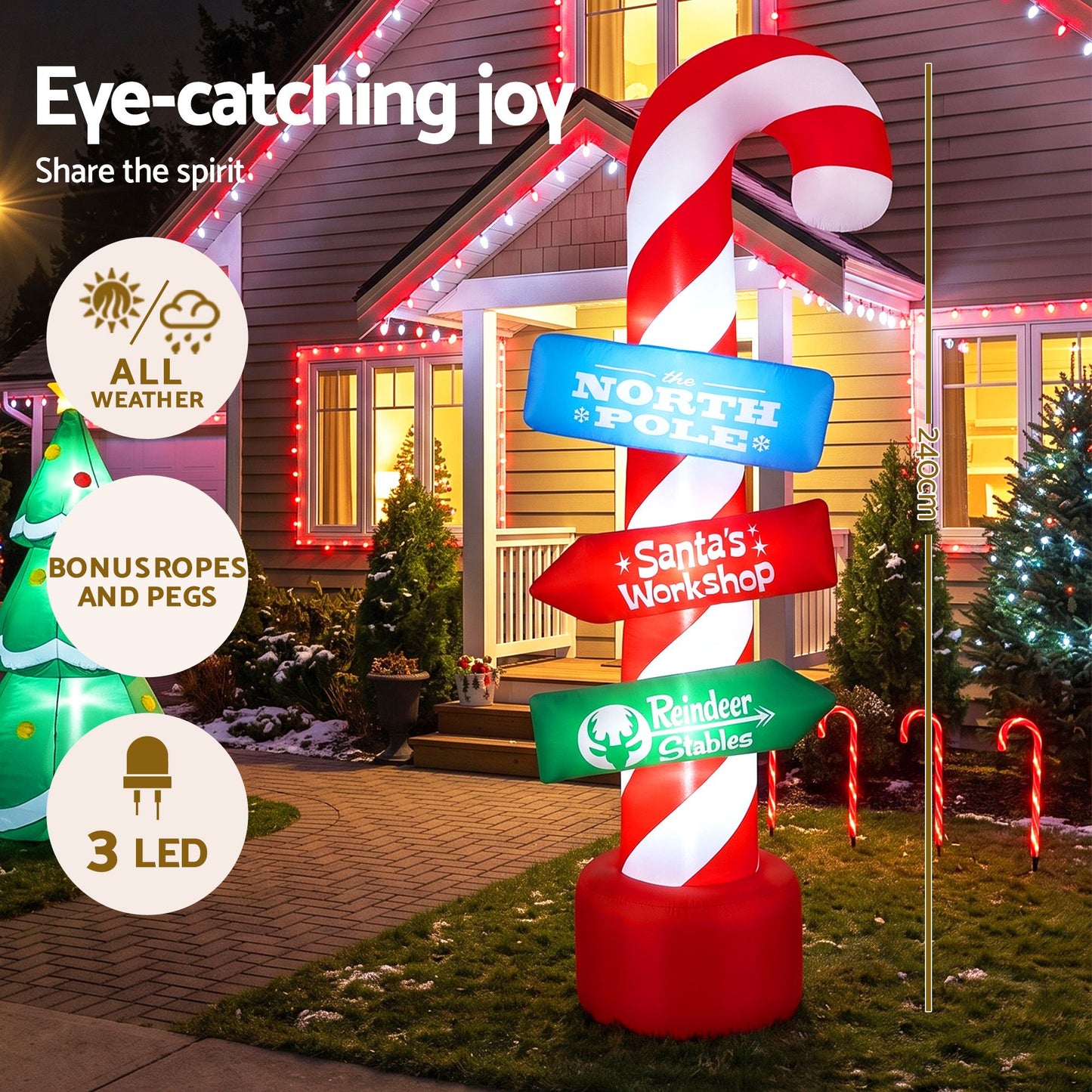 Jingle Jollys Christmas Inflatable Candy Pole 2.4M Illuminated Decorations