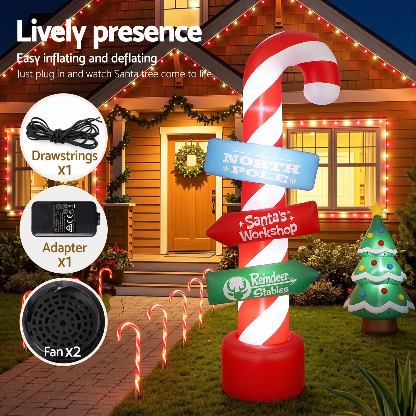 Jingle Jollys Christmas Inflatable Candy Pole 2.4M Illuminated Decorations