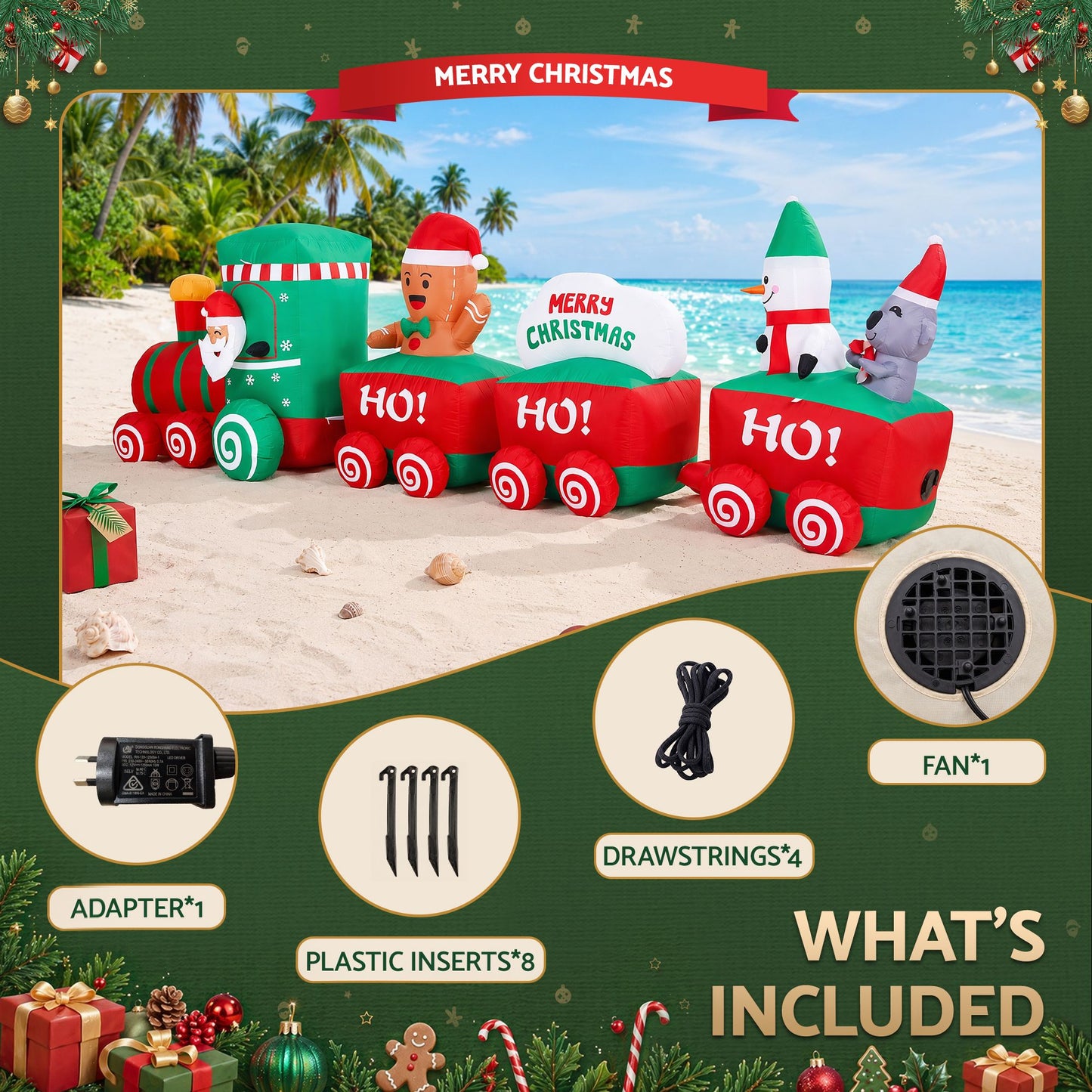 Jingle Jollys Christmas Inflatable Santa Train 3.6M Length LED Decorations Illuminated