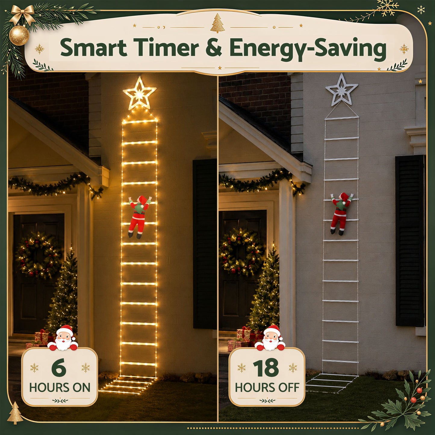 Jingle Jollys Christmas Ladder Lights Santa 3.4m 328LED Hanging Decor Warm White
