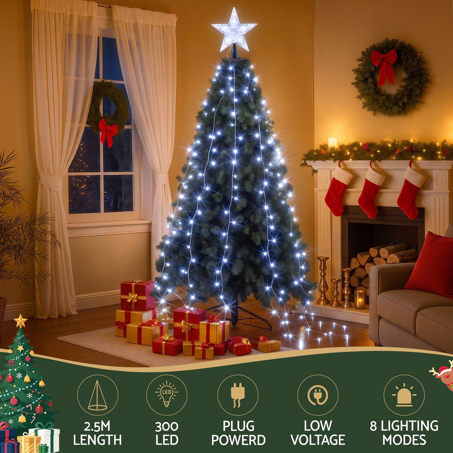 Jingle Jollys 2,5M Weihnachtsbaumlichter Baumspitze Lichterketten Wasserfall Lichterketten Weiß
