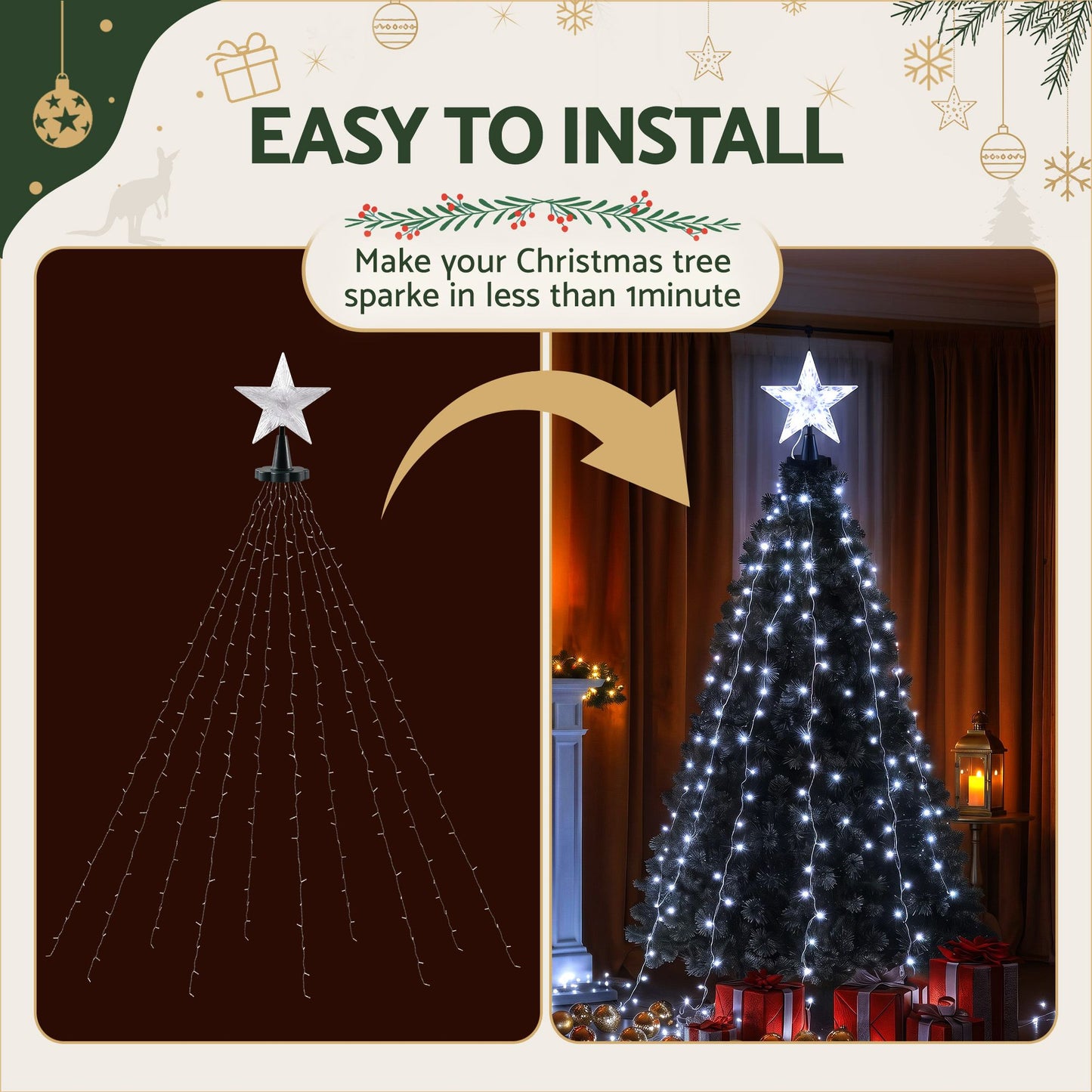 Jingle Jollys 2,5M Weihnachtsbaumlichter Baumspitze Lichterketten Wasserfall Lichterketten Weiß