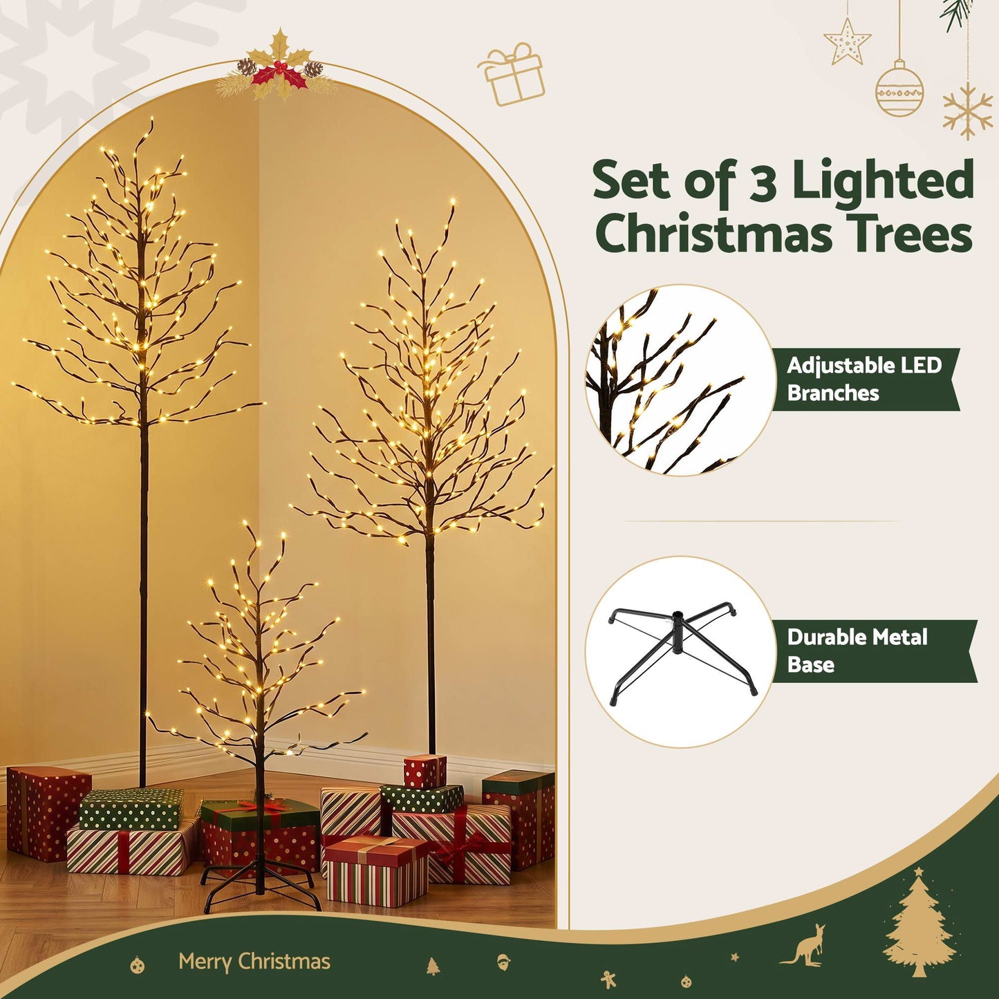 Jingle Jollys 3 Pack LED Christmas Tree Lighted Birch Tree Indoor Outdoor Xmas Decor Warm White