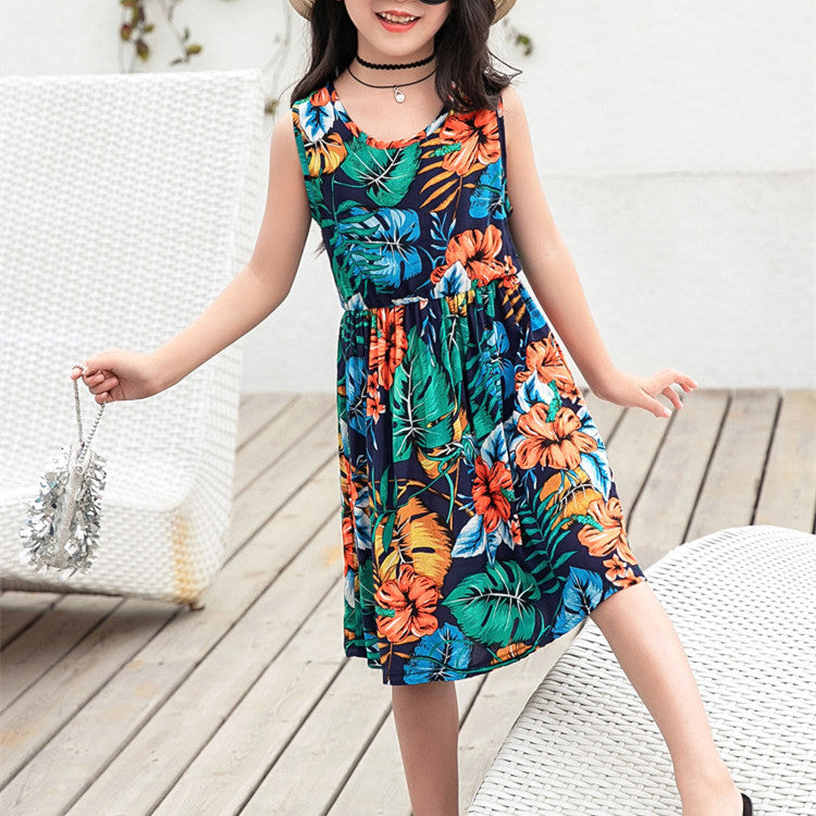 Girls' Rayon Breathable Print Beach Dress