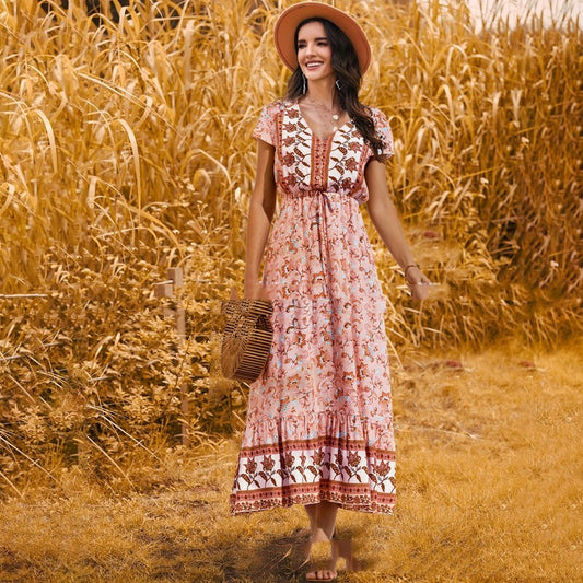 V-neck Rayon Printed Bohemian Dress