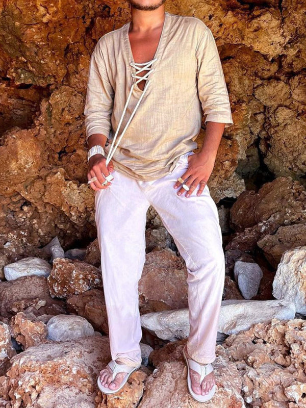 Men's Woven Casual V-Neck Solid Color Three-quarter Sleeve Shirt