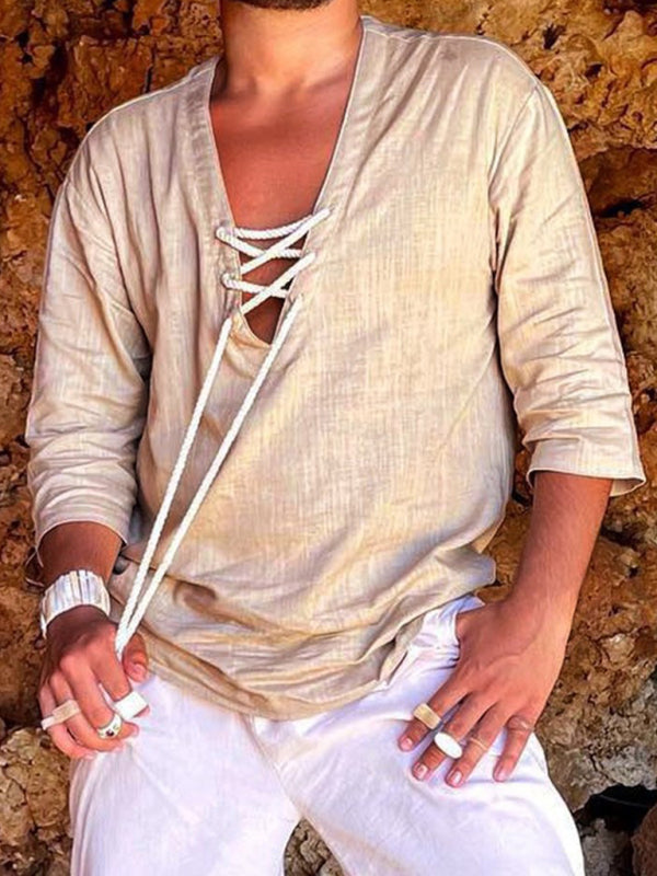 Men's Woven Casual V-Neck Solid Color Three-quarter Sleeve Shirt