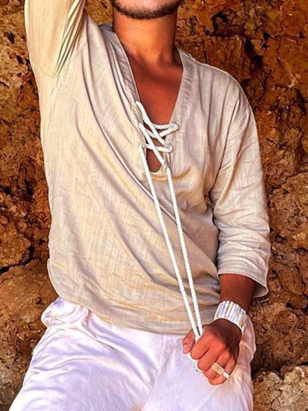 Men's Woven Casual V-Neck Solid Color Three-quarter Sleeve Shirt