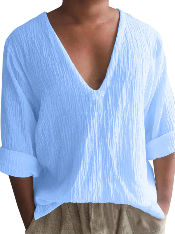 Men's New Long Sleeve Solid Color V Neck Washed Water Cotton T-Shirt