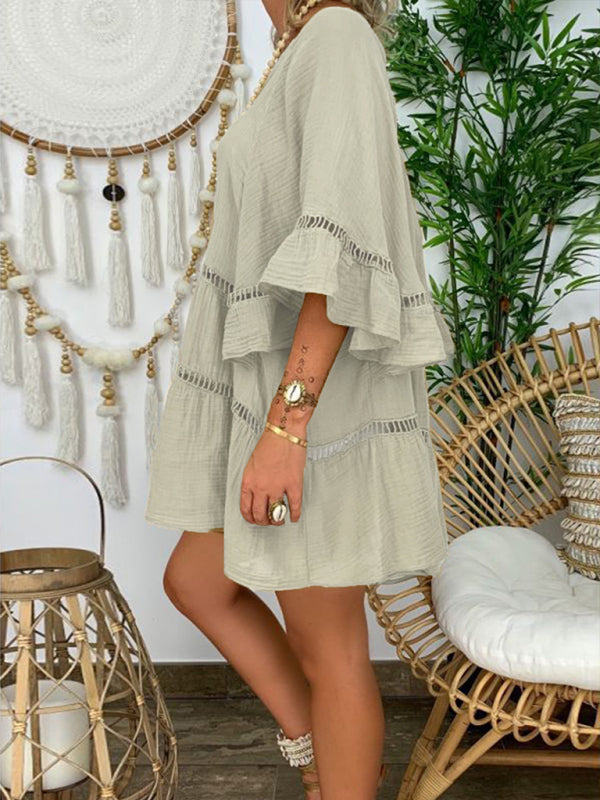 Women's 3/4 Sleeve Cotton V-Neck Loose Button Cutout Plus Size Top Dress