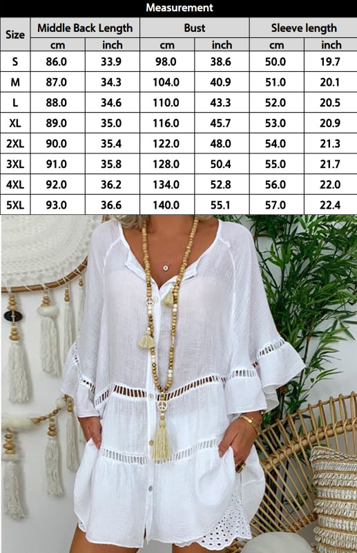 Women's 3/4 Sleeve Cotton V-Neck Loose Button Cutout Plus Size Top Dress