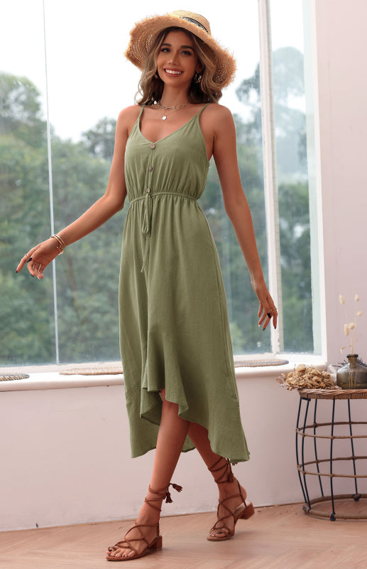 Women's Solid Color Midi Dress Beach Loose Sling Green Cotton Linen Dress