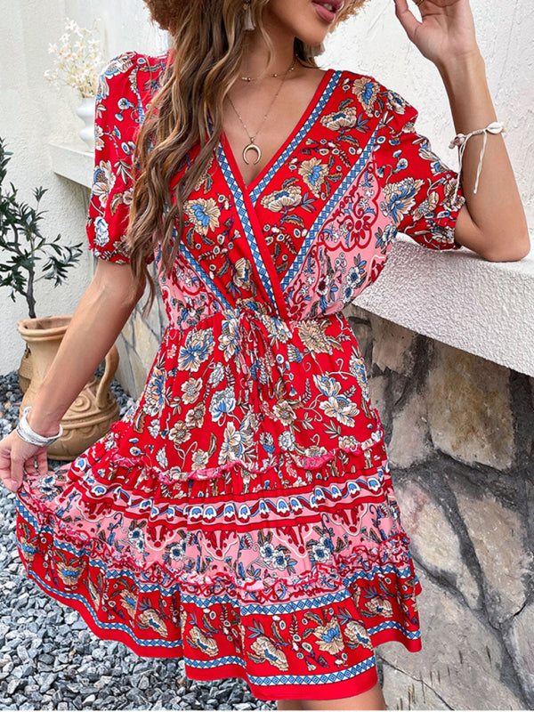 Temperament women's flower print waist wine red dress