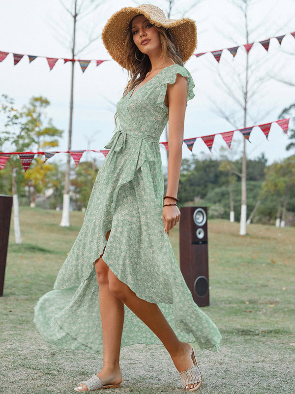 Bohemian V-Neck Tie Slim Swing Print Dress