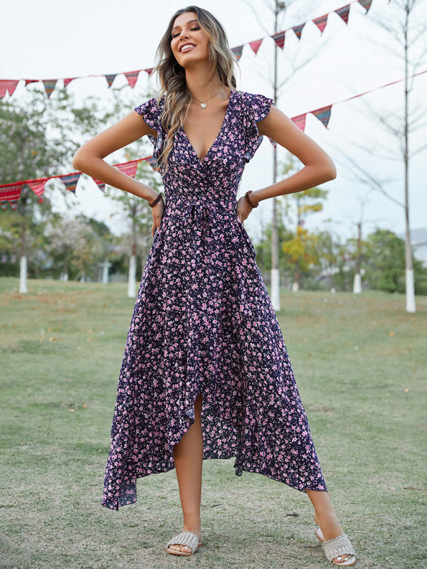 Bohemian V-Neck Tie Slim Swing Print Dress