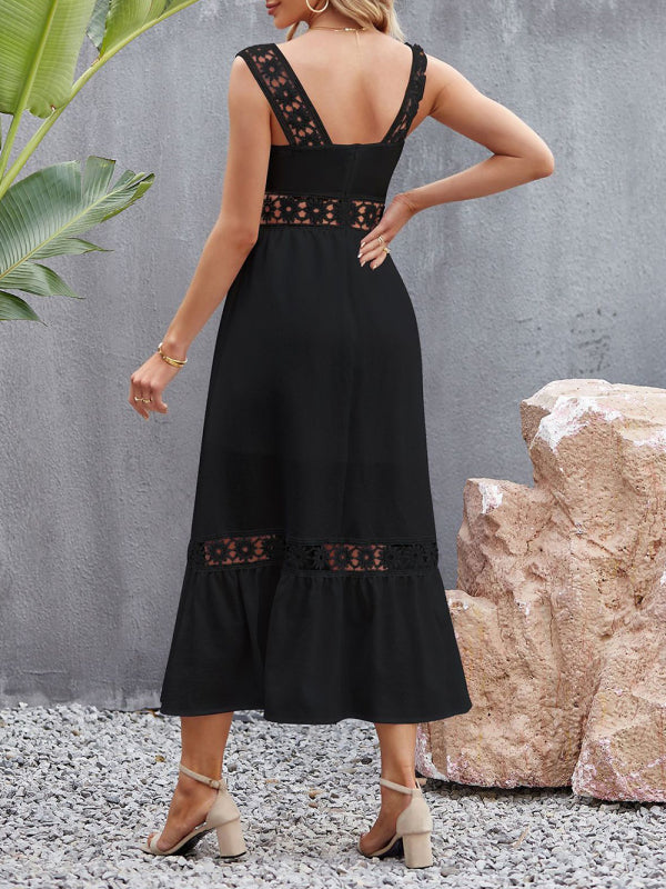New style solid color hollow lace stitching square collar sleeveless suspender dress