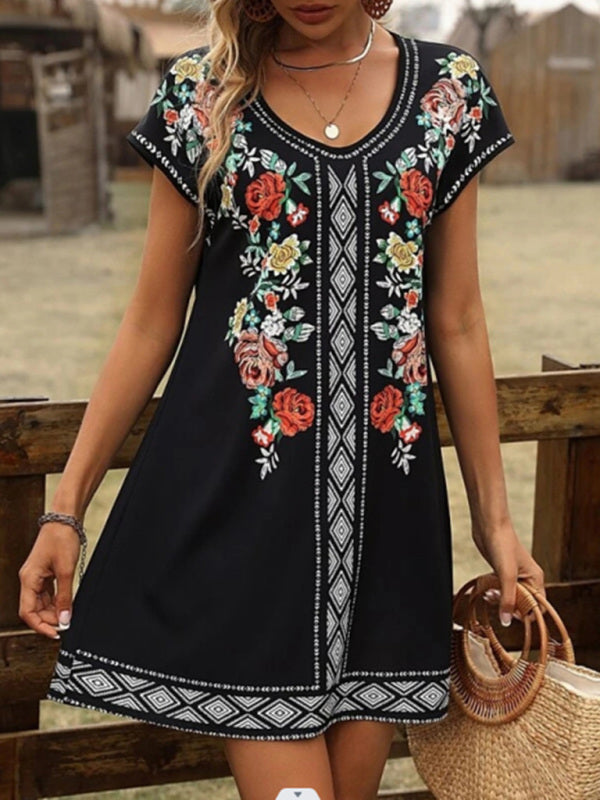Women's Vintage Floral Print Short Sleeve Casual Dress