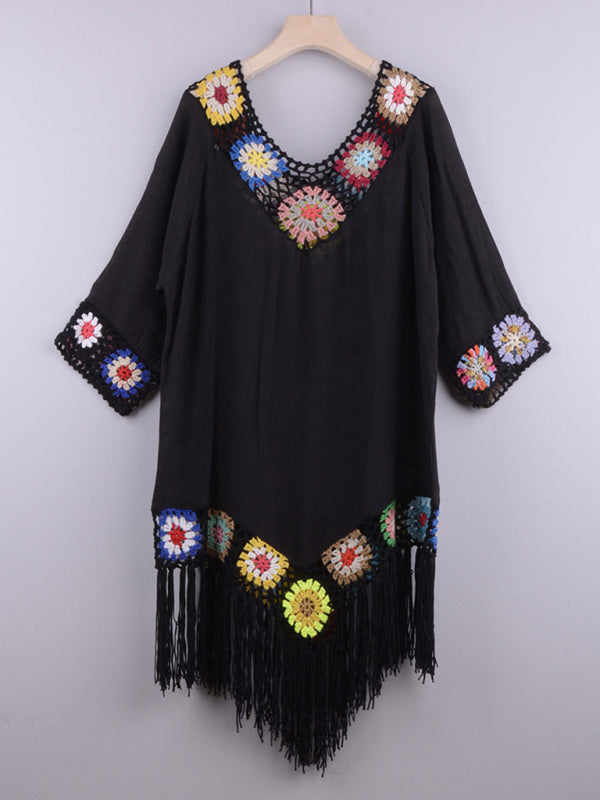 Three-quarter sleeve chain link flower splicing irregular tassel anti-sun blouse ethnic style dress