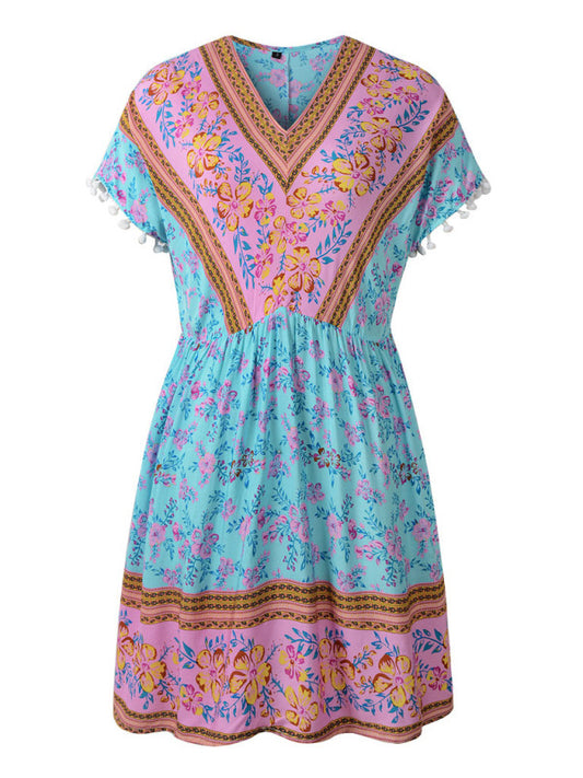 Women's Woven V Neck Bohemian Print Short Sleeve Dress