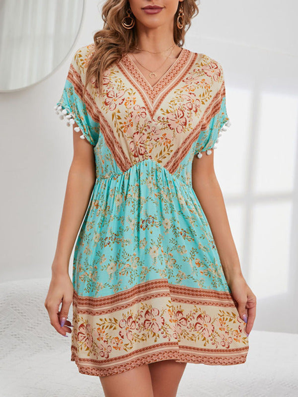 Women's Woven V Neck Bohemian Print Short Sleeve Dress