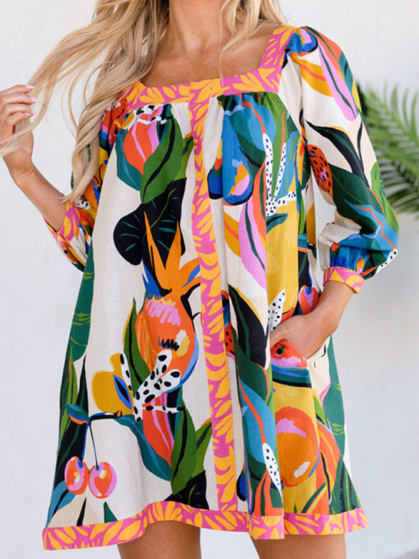 New women's fresh and sweet printed long skirt three-quarter sleeve A-line skirt