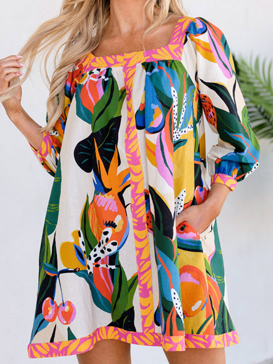 New women's fresh and sweet printed long skirt three-quarter sleeve A-line skirt