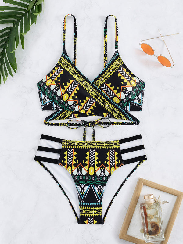 Feminine western style printed stretch elastic two piece bikini