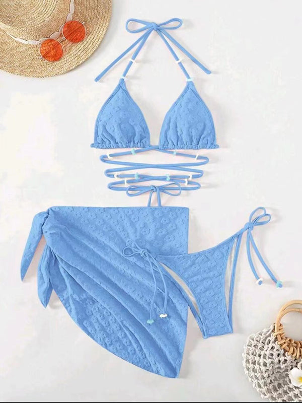 Feminine and cute three-piece bikini with floral lace pattern